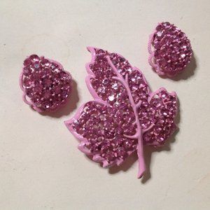 Vintage Weiss Pink Rhinestone Maple Leaf Brooch & Earrings
